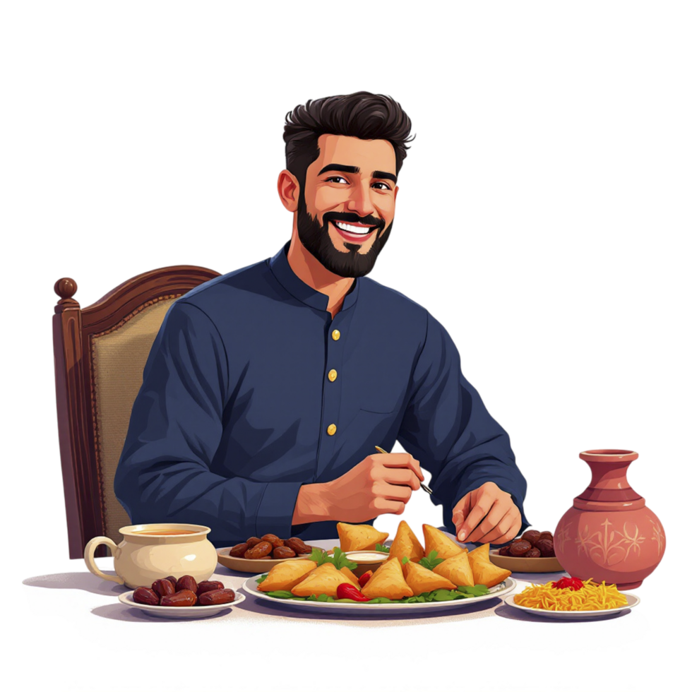 A man in a traditional indian outfit is sitting at a table with food png