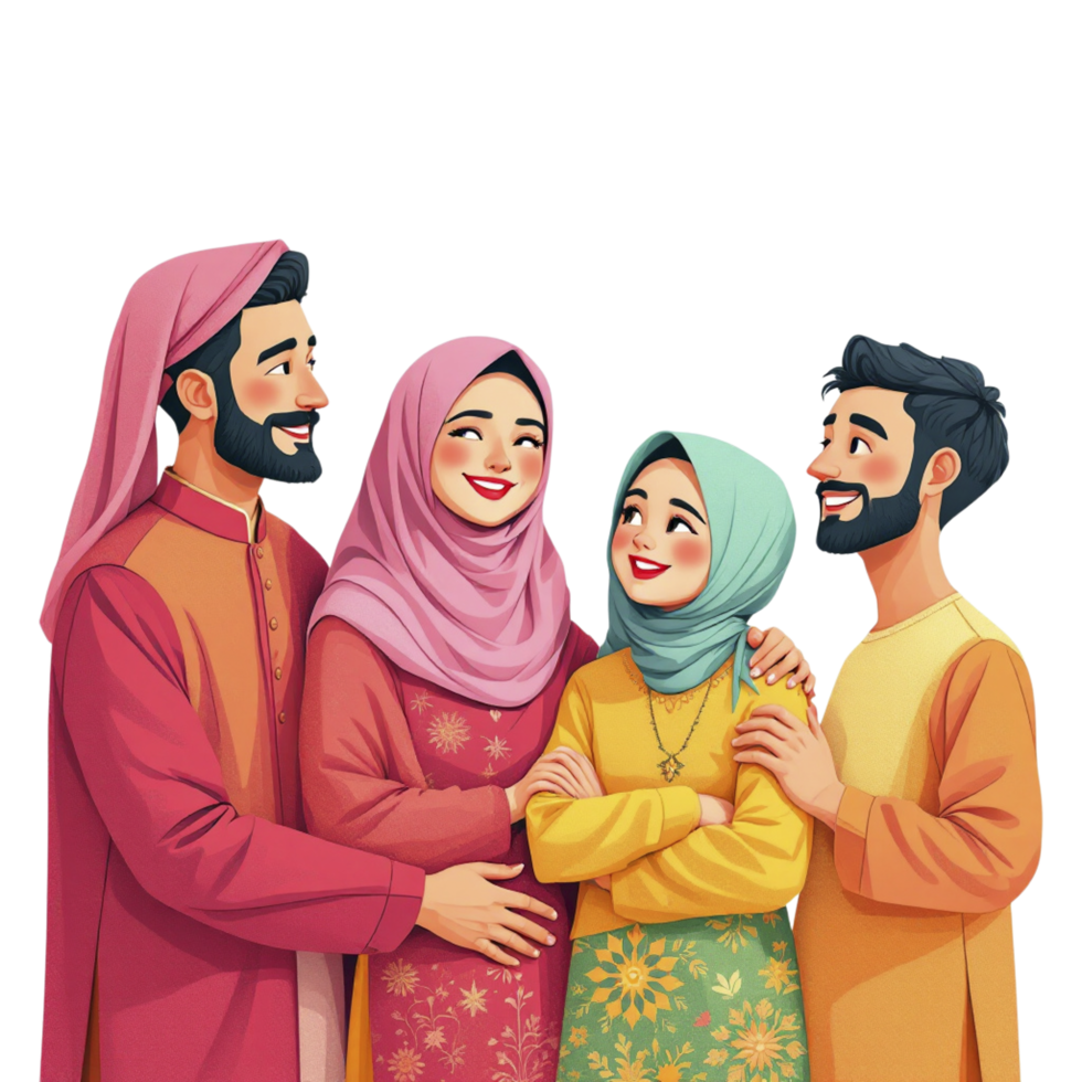 Cartoon illustration of muslim family png
