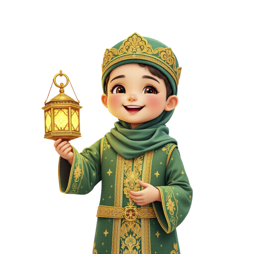 A cartoon boy dressed in a green robe holding a lantern png