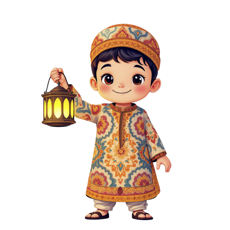 Cartoon boy in traditional clothes holding a lantern png