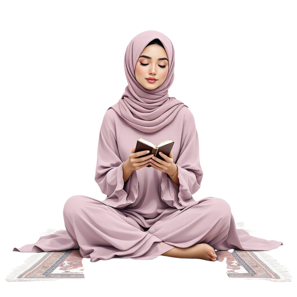 A woman in a hijab is sitting on the floor and reading a book png