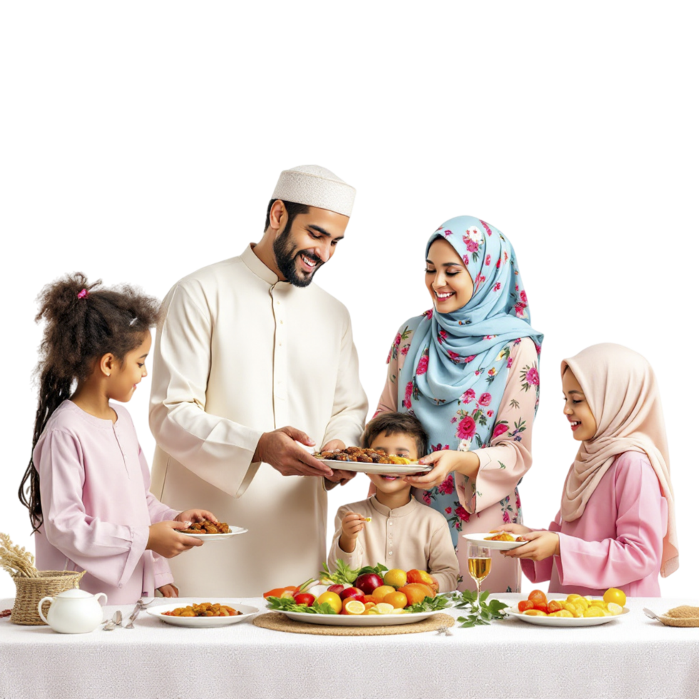 A family is standing around a table with food png