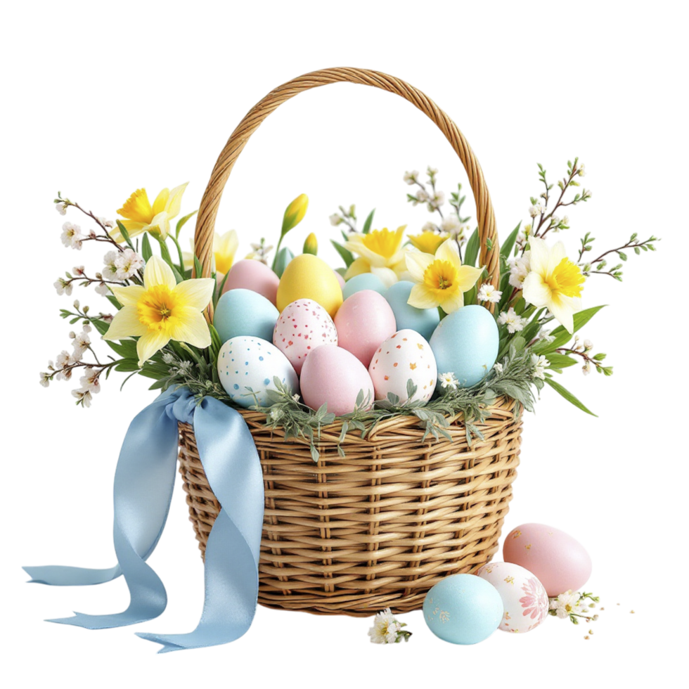 Easter basket with eggs and flowers png