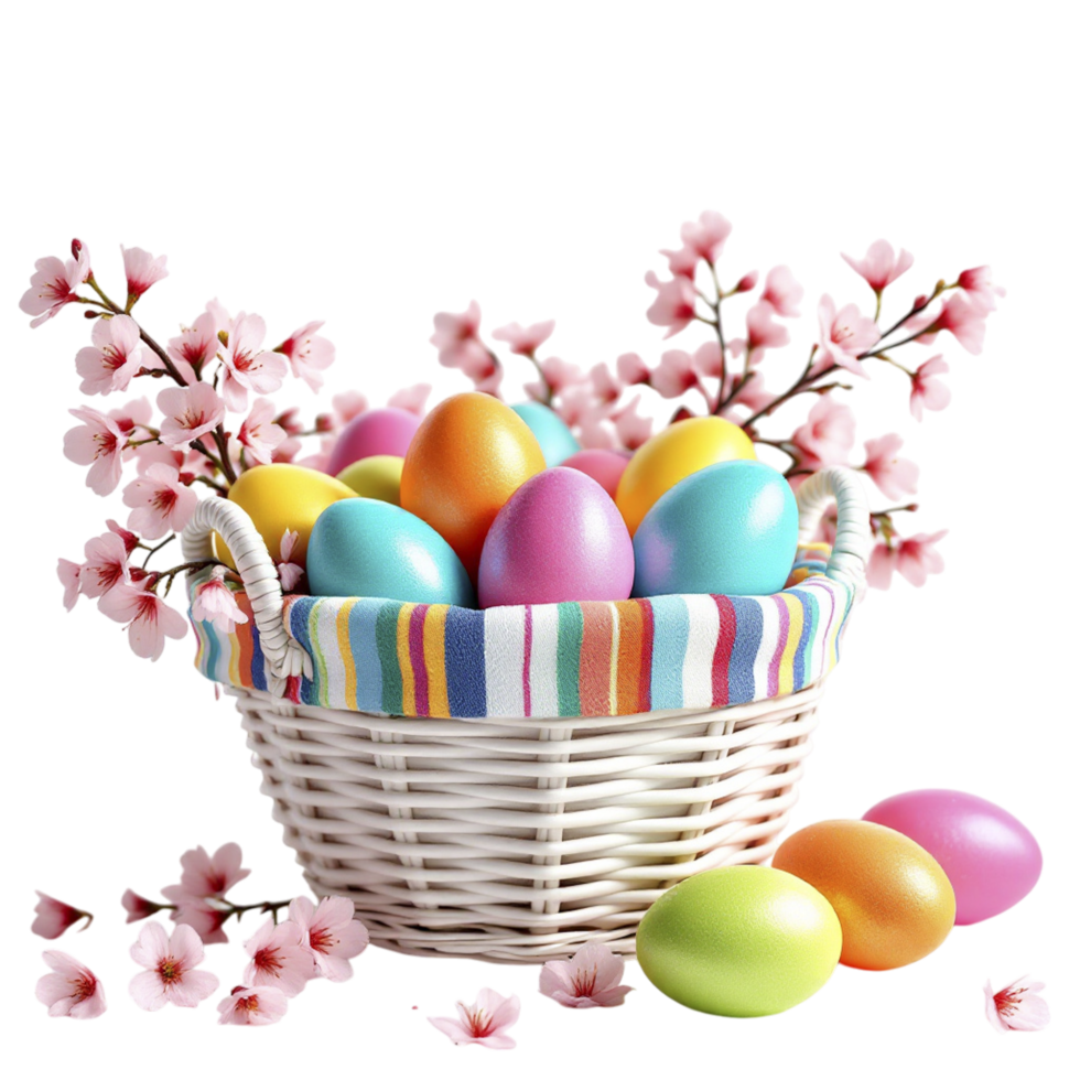 Easter eggs in a basket with flowers on a black background png