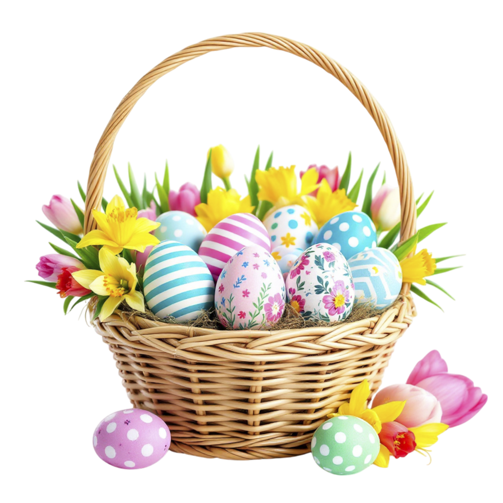 Easter eggs in a basket with flowers and tulips png