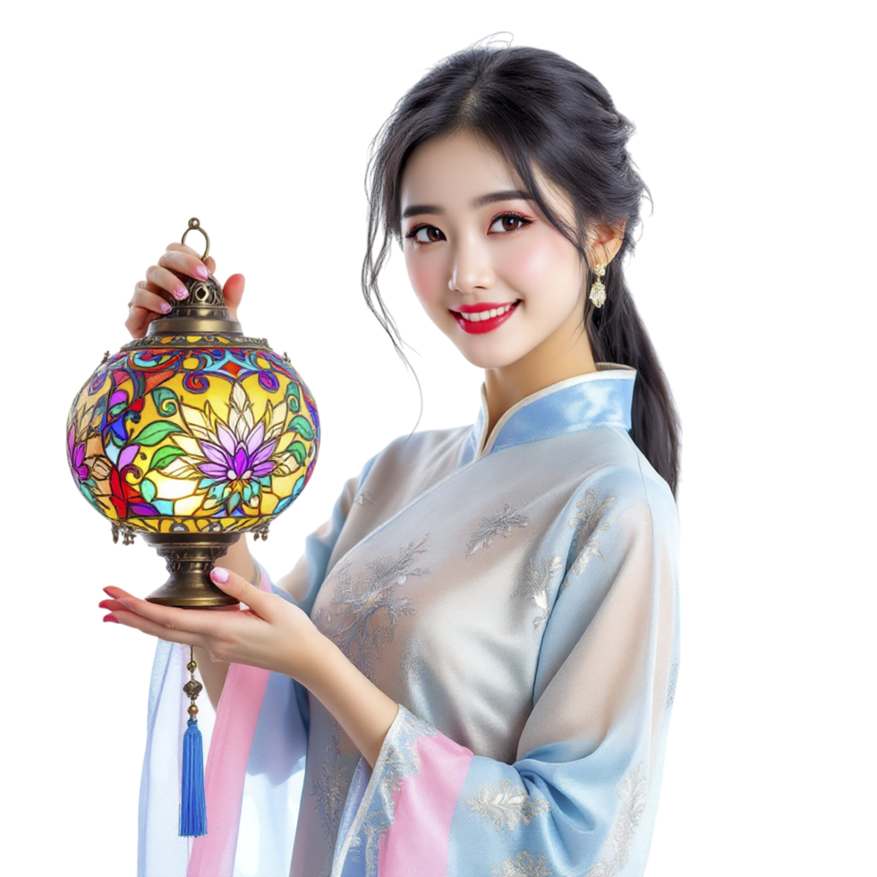 A beautiful woman in traditional chinese clothing holding a lantern png