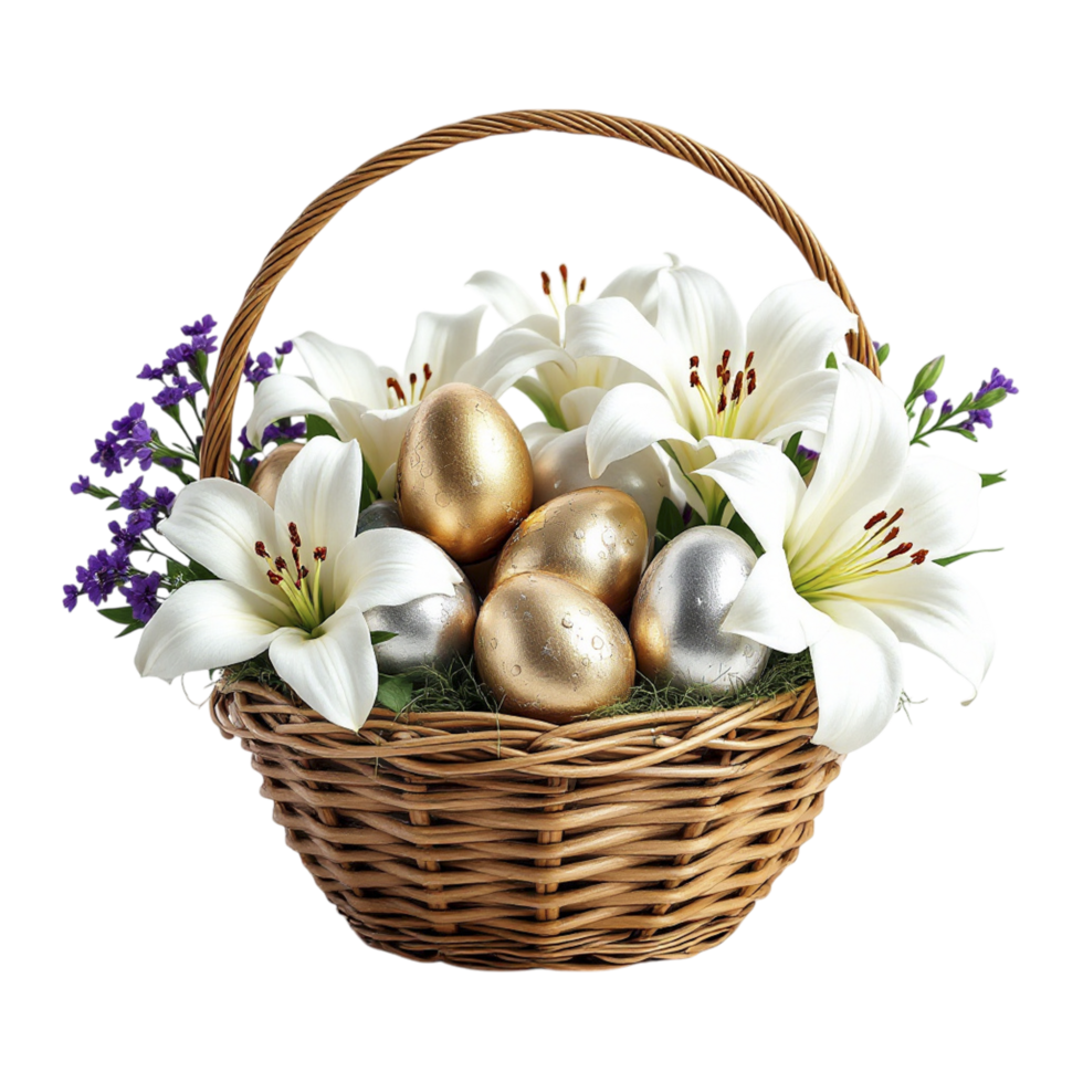 A basket with white lilies and golden eggs png