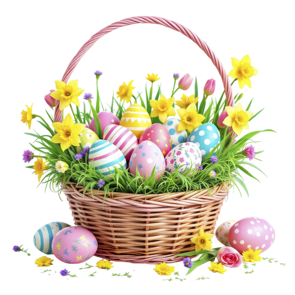Easter egg basket with flowers and daffodils png