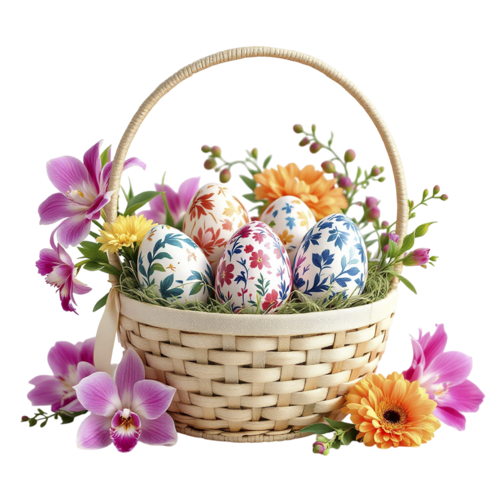 Easter eggs in a basket with flowers and orchids png