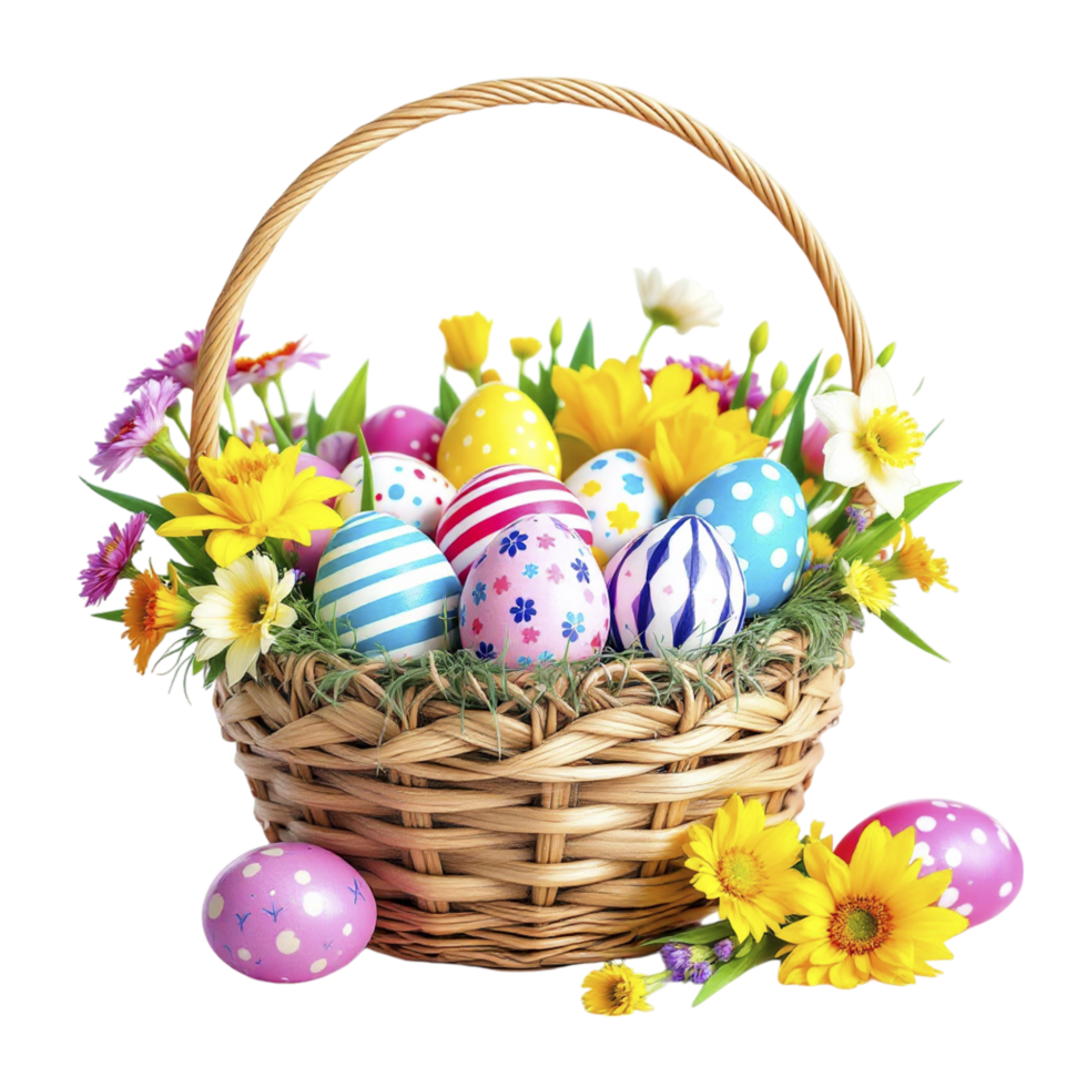 Easter eggs in basket with flowers on black background png