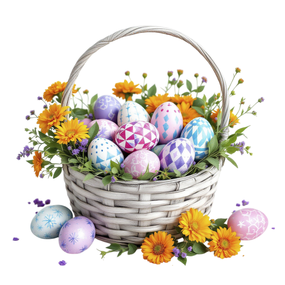 Easter eggs in a basket with flowers on a black background png