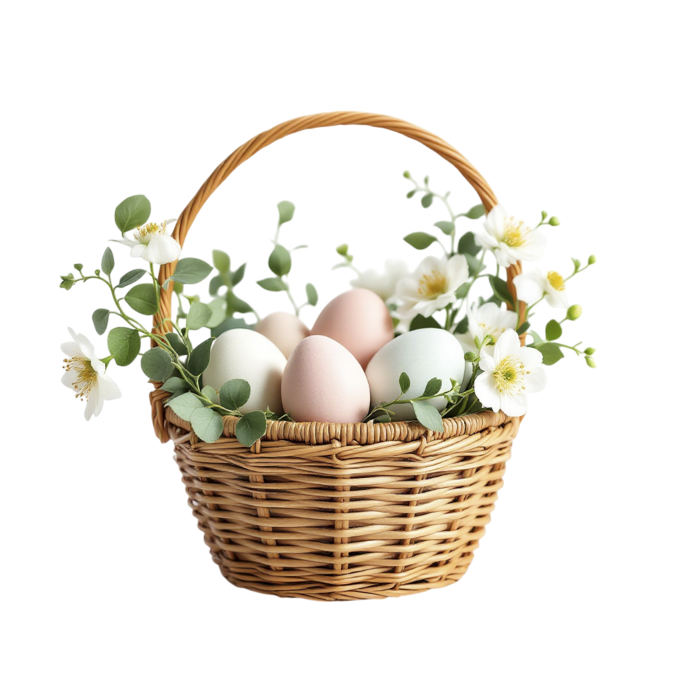 Easter eggs in basket with flowers on black background png