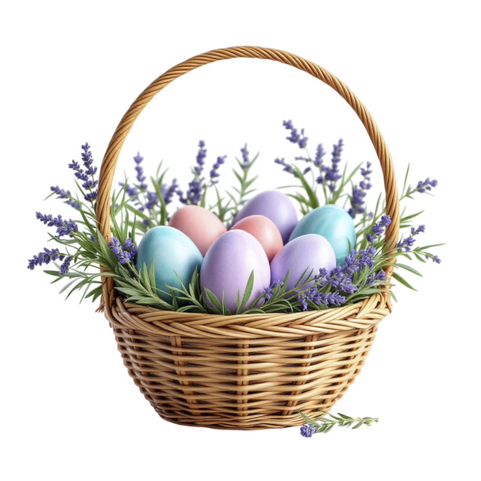 Easter eggs in a basket with lavender flowers png