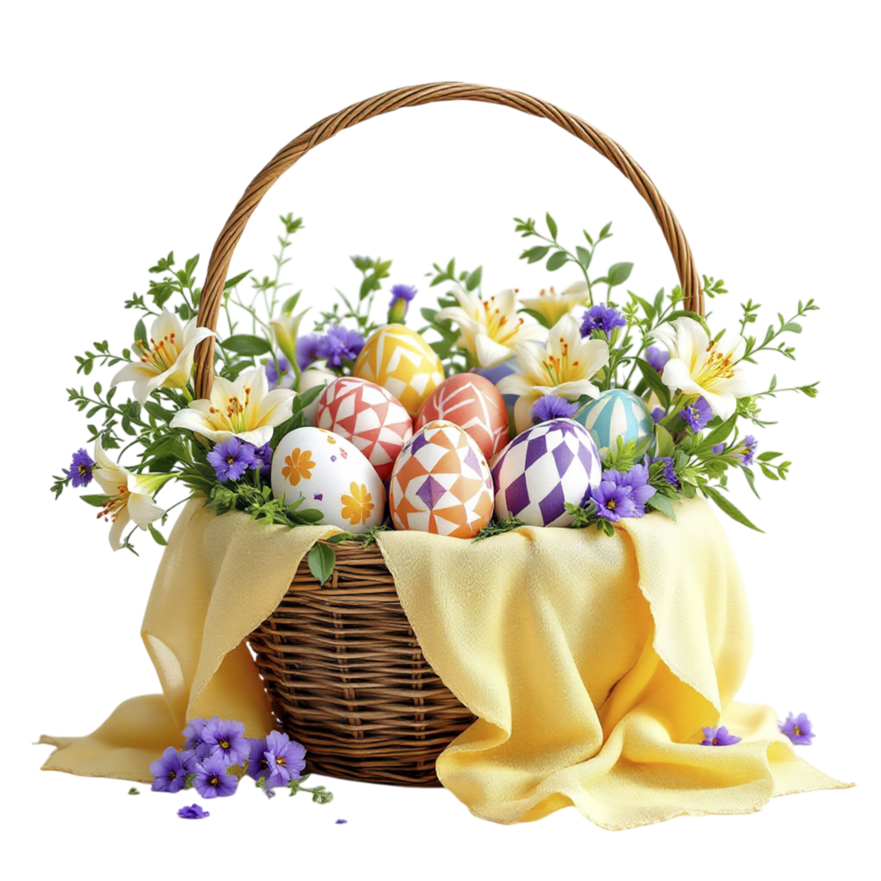 Easter basket with colorful eggs and flowers png