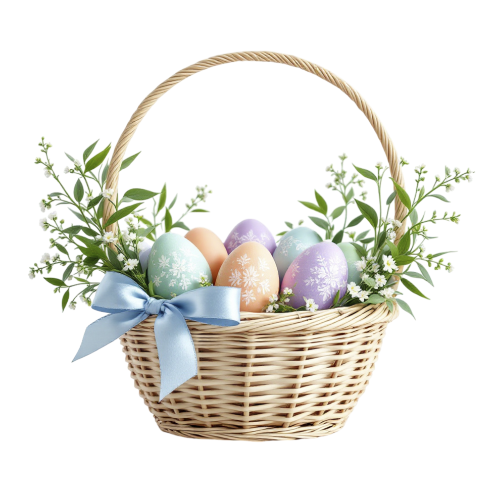 Easter eggs in a basket with blue ribbon png