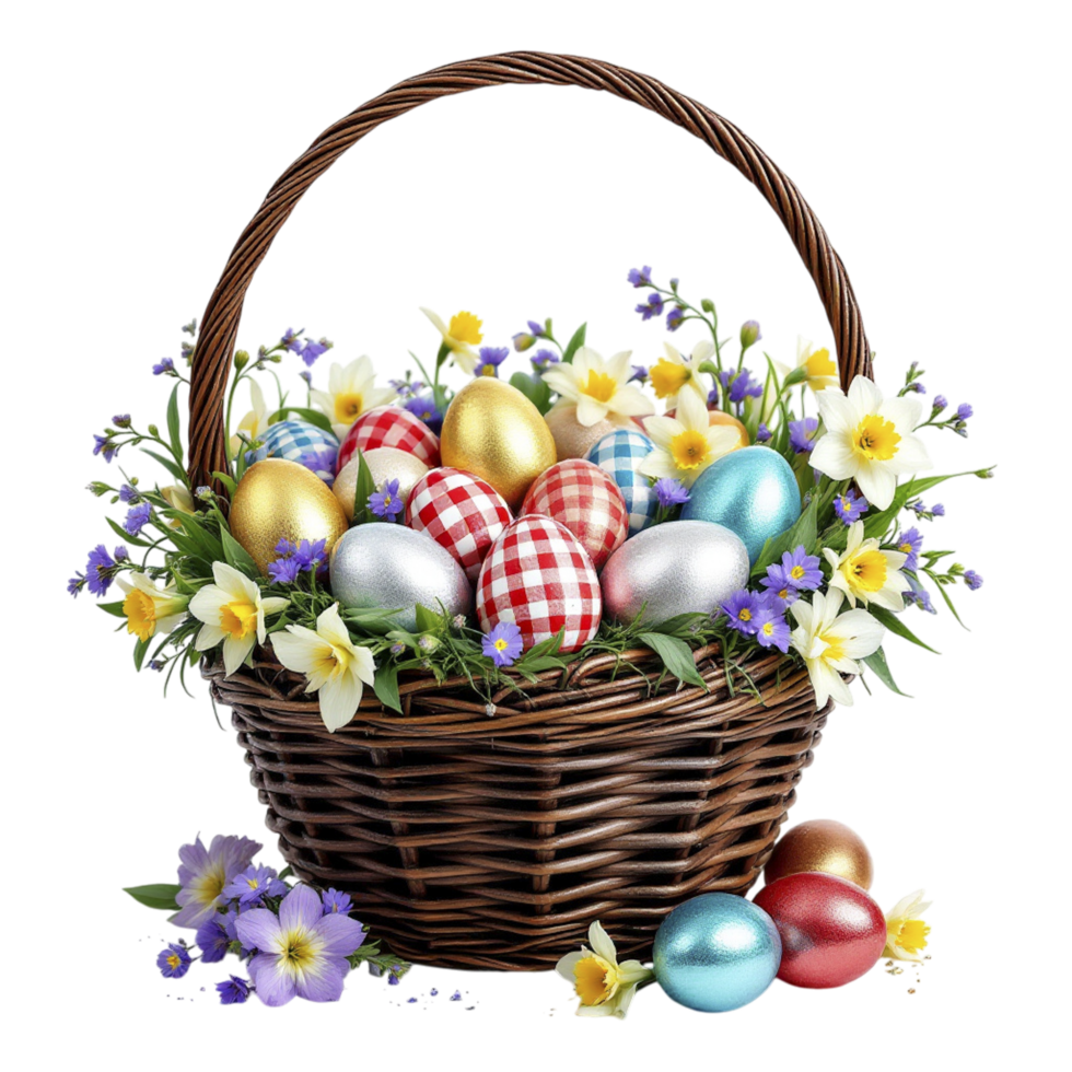 Easter eggs in basket with flowers and daffodils png