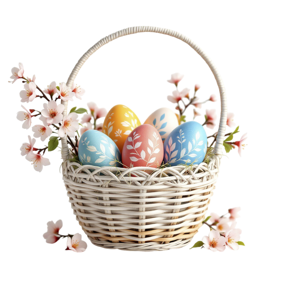 Easter eggs in a basket with flowers on a black background png