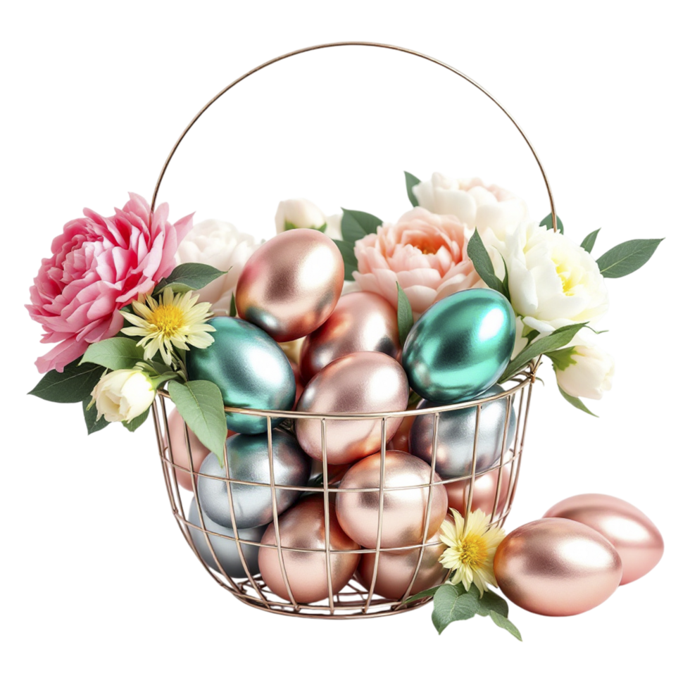 Easter eggs in a basket with flowers png