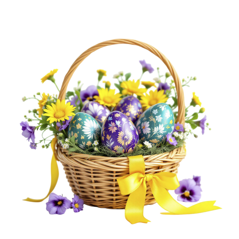 Easter eggs in a basket with yellow ribbon png