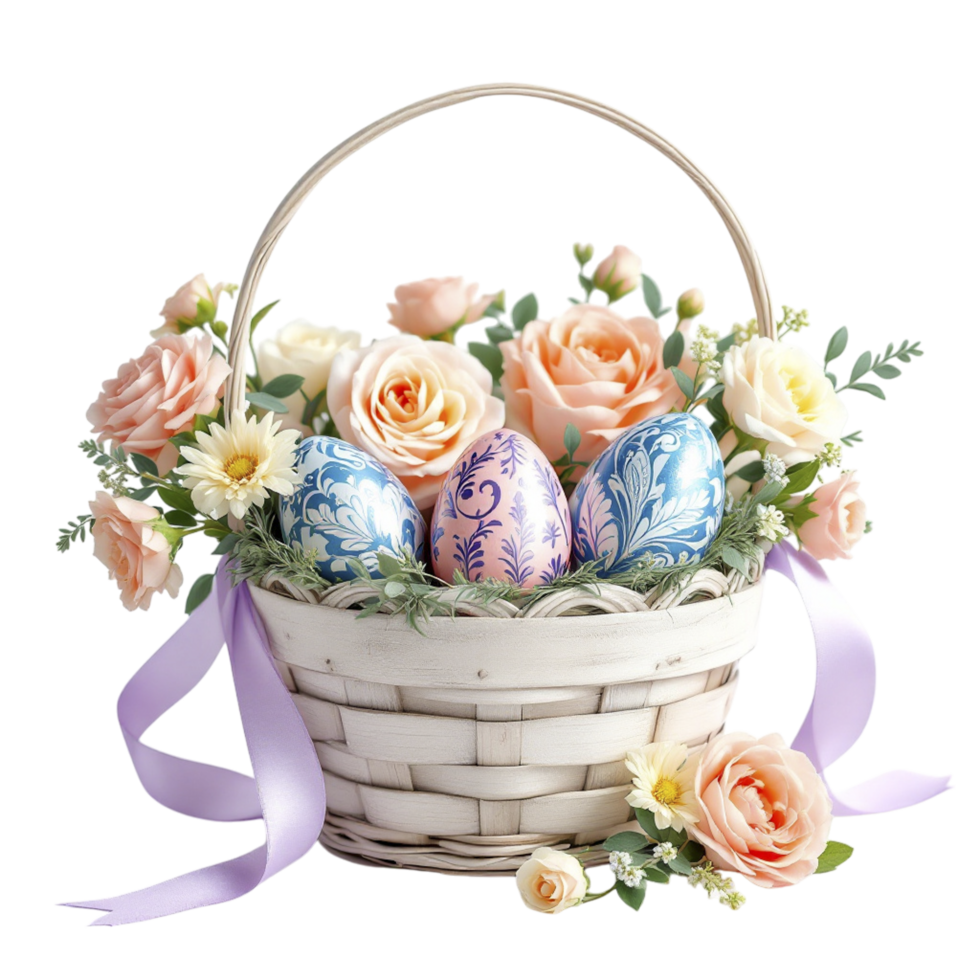 Easter basket with flowers and eggs png