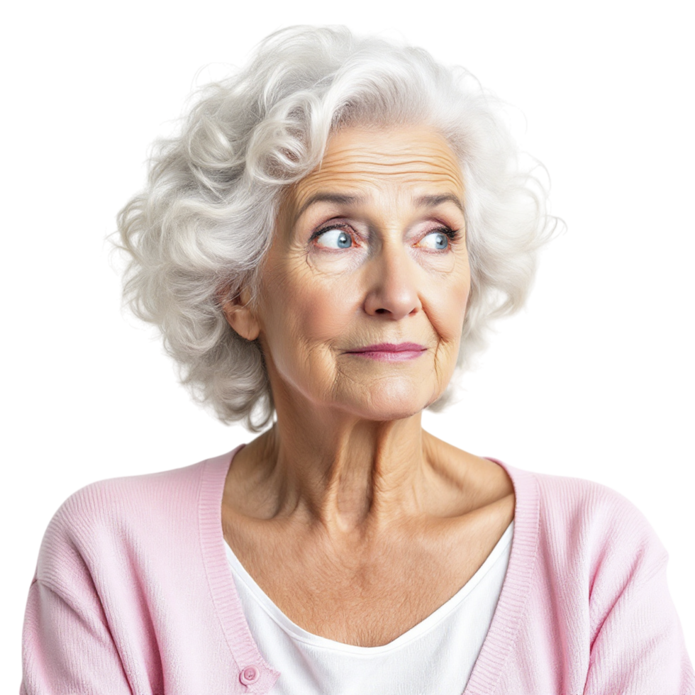An older woman with white hair and pink sweater png