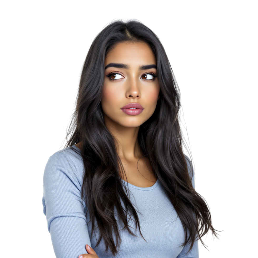 A woman with long hair and a blue top png
