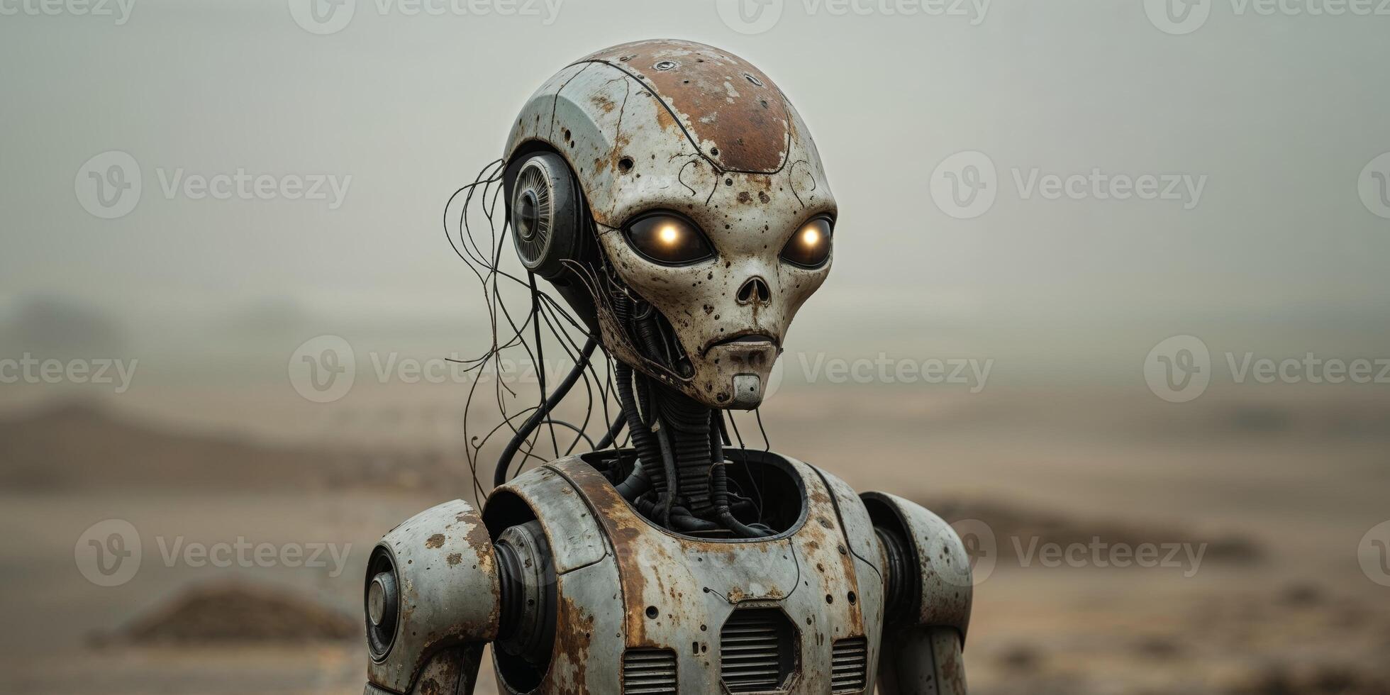 Weathered Alien Robot Stands In A Desolate Landscape photo
