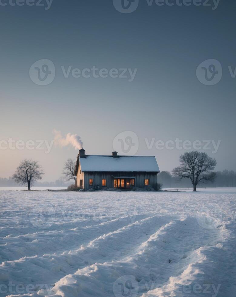 Winter Farmhouse in Snowy Field at Night. photo