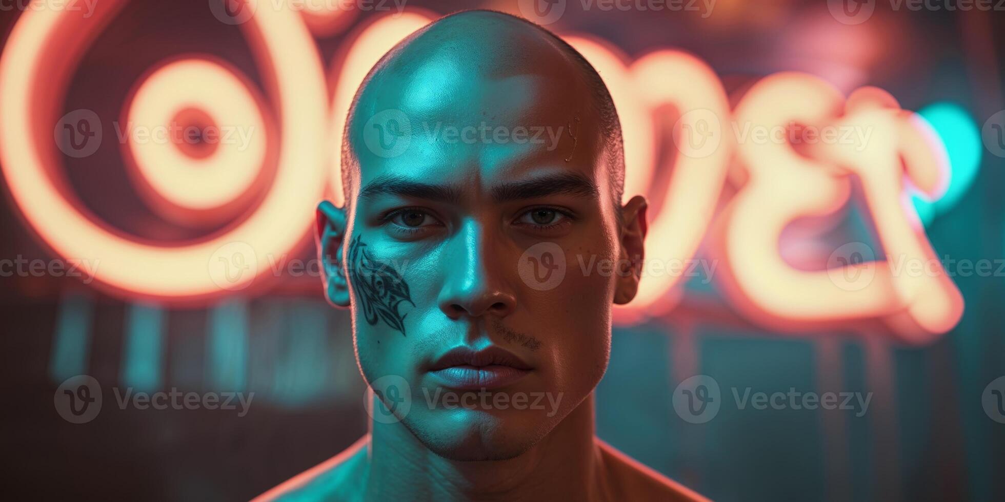 A man with a shaved head and a tattoo on his face is standing in front of a neon sign. photo