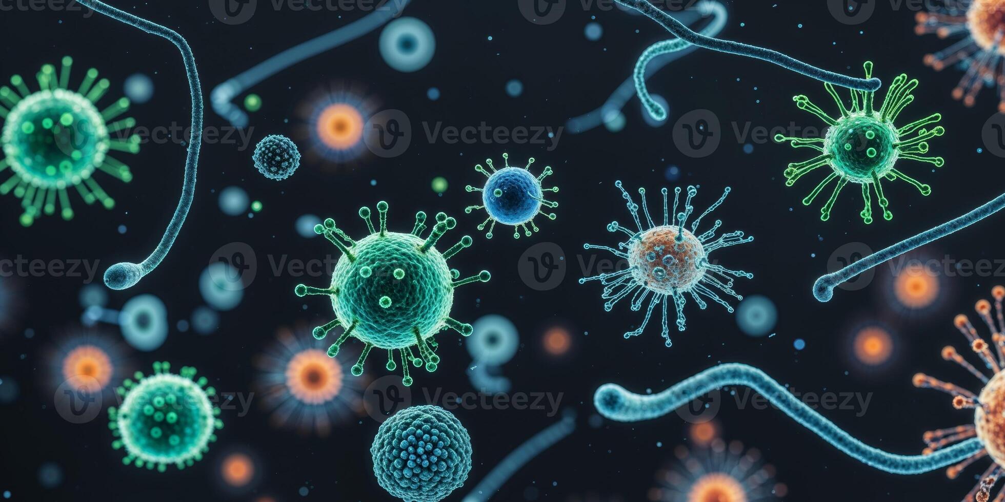 Colorful visualization of various bacteria and viruses under microscopic view in a dark background photo