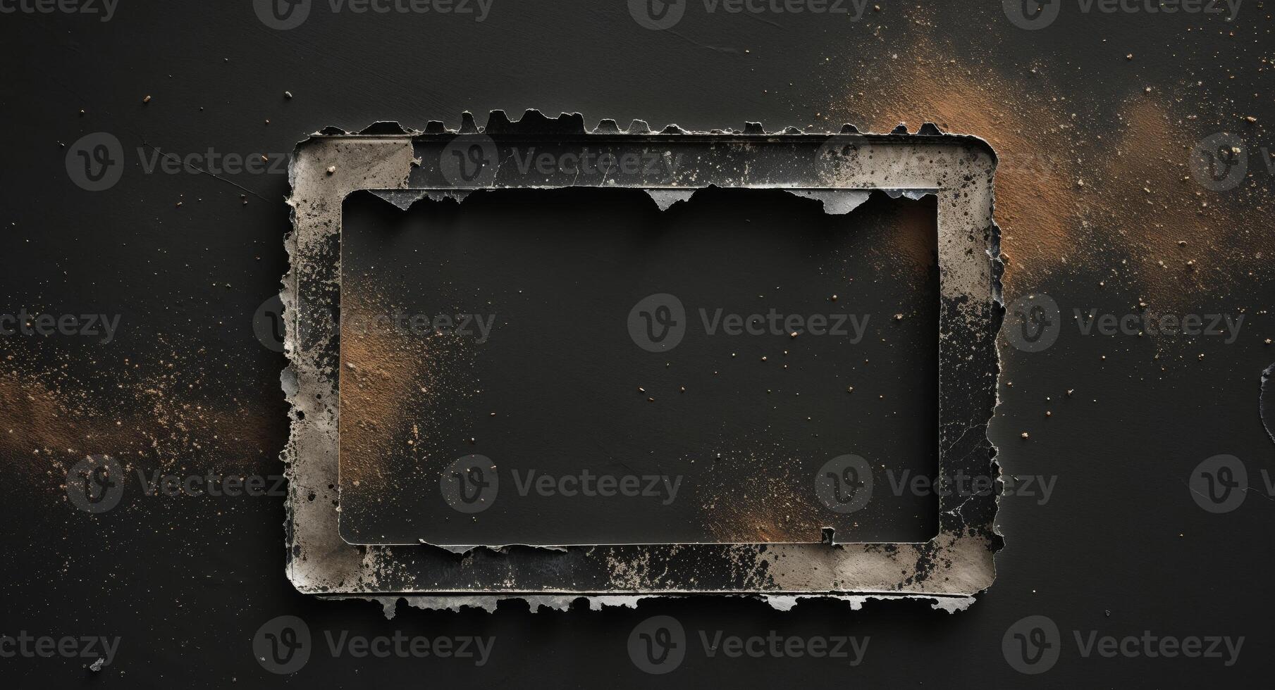 Grunge texture background with cracked metal frame on black background photo