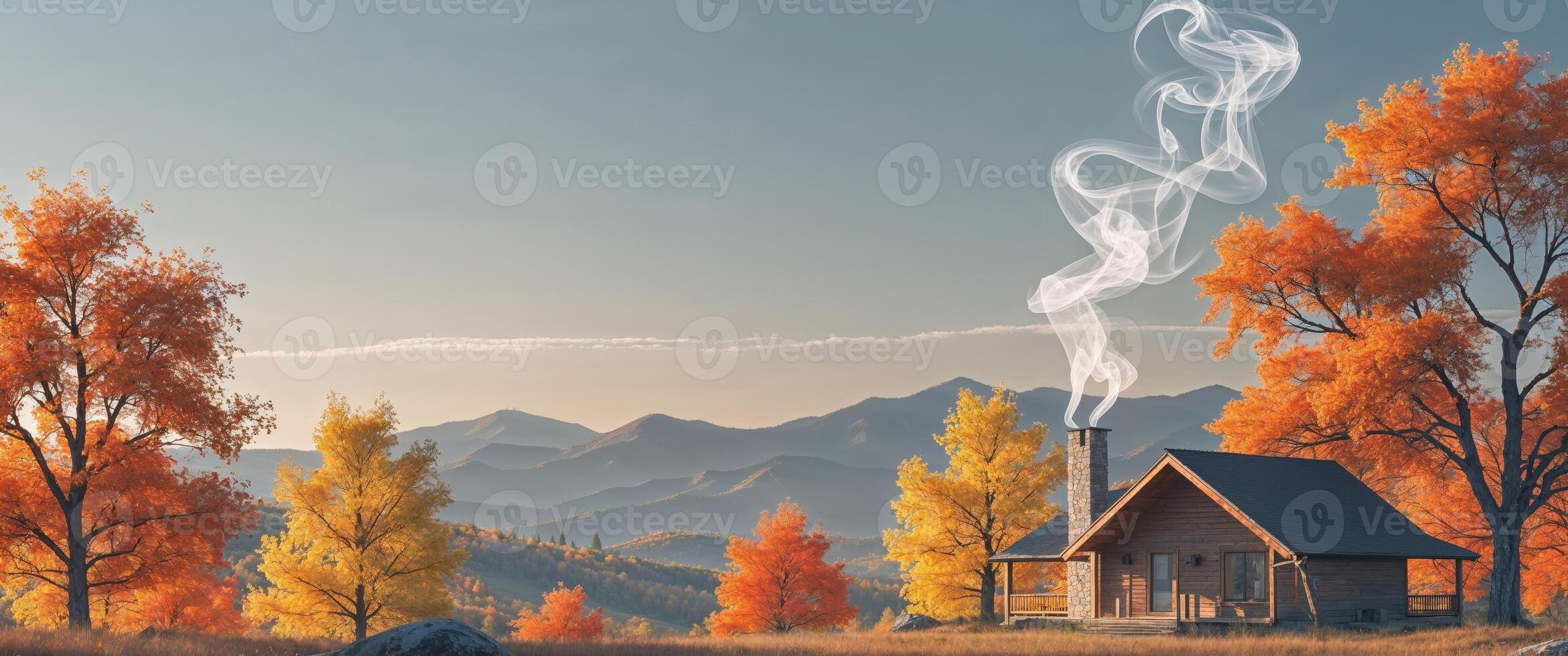 A small cabin in the middle of a field with smoke coming out of it photo