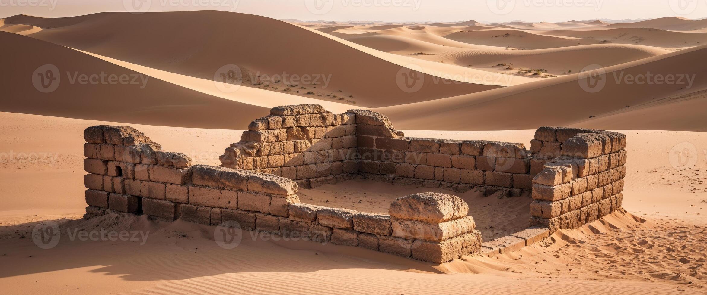 An ancient building in the desert with sand dunes photo