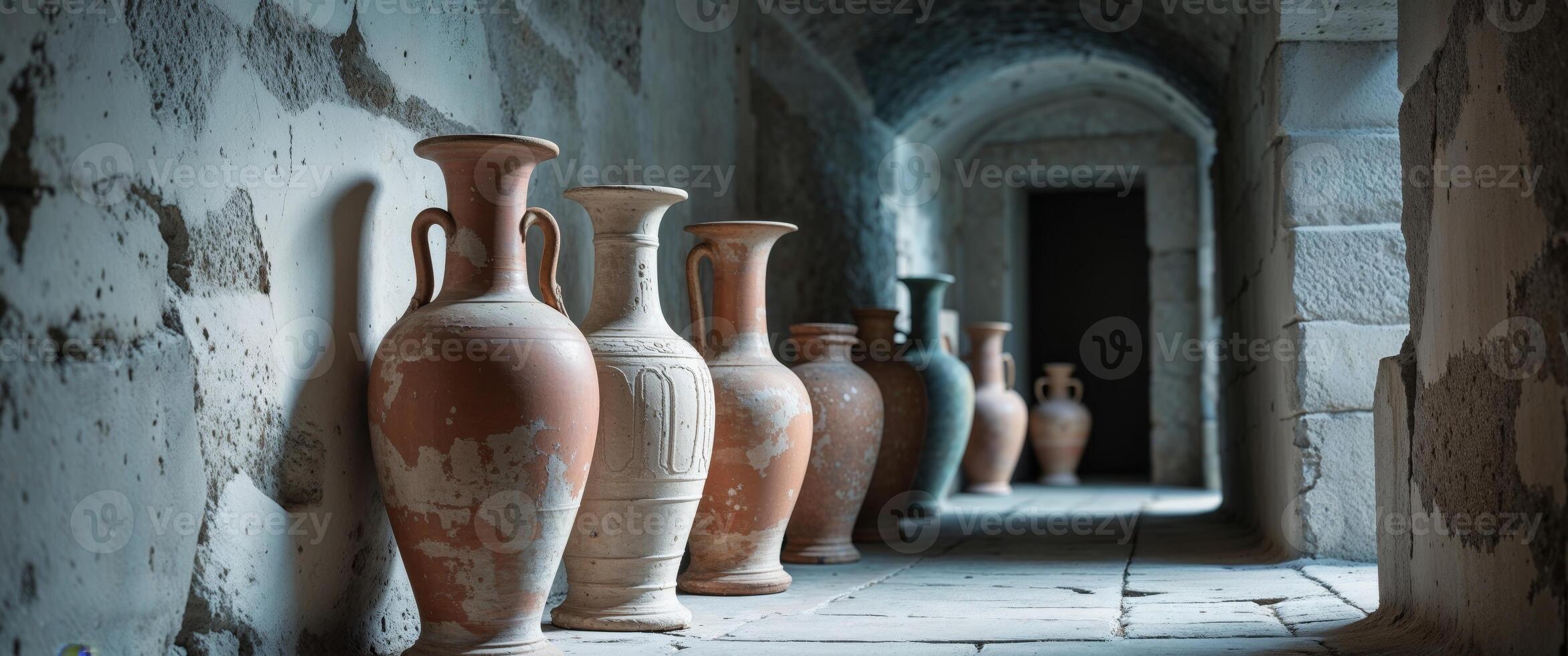A row of vases lined up in a hallway photo