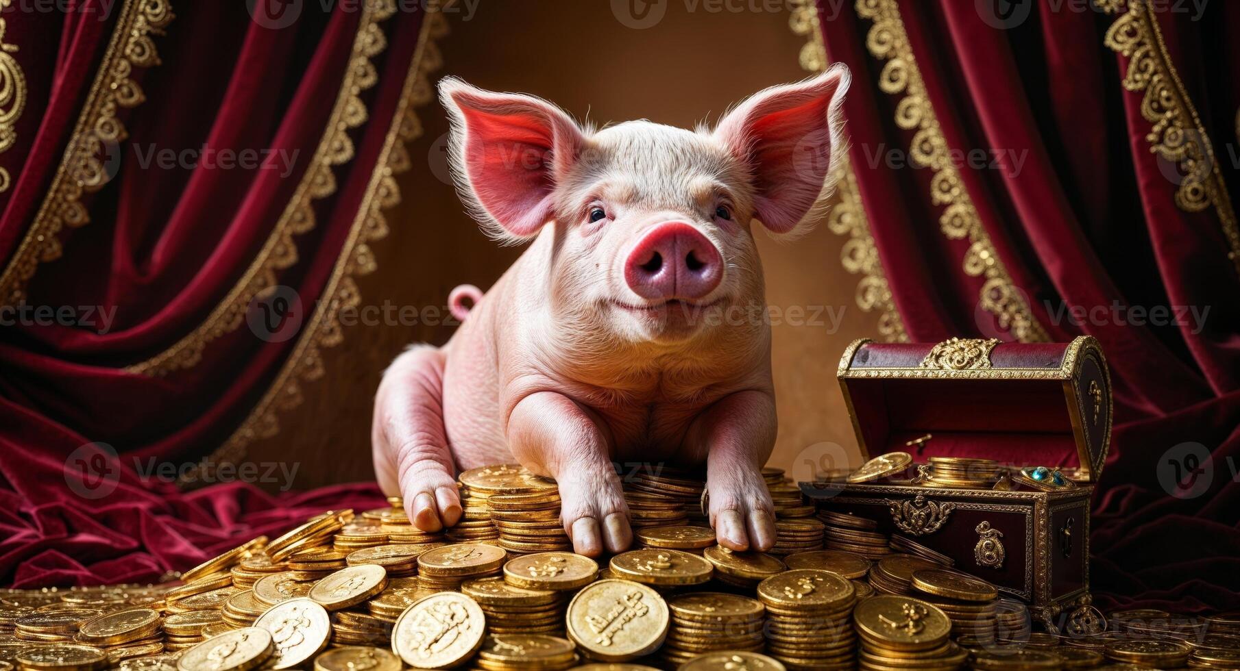 Pig sitting on a pile of gold coins photo