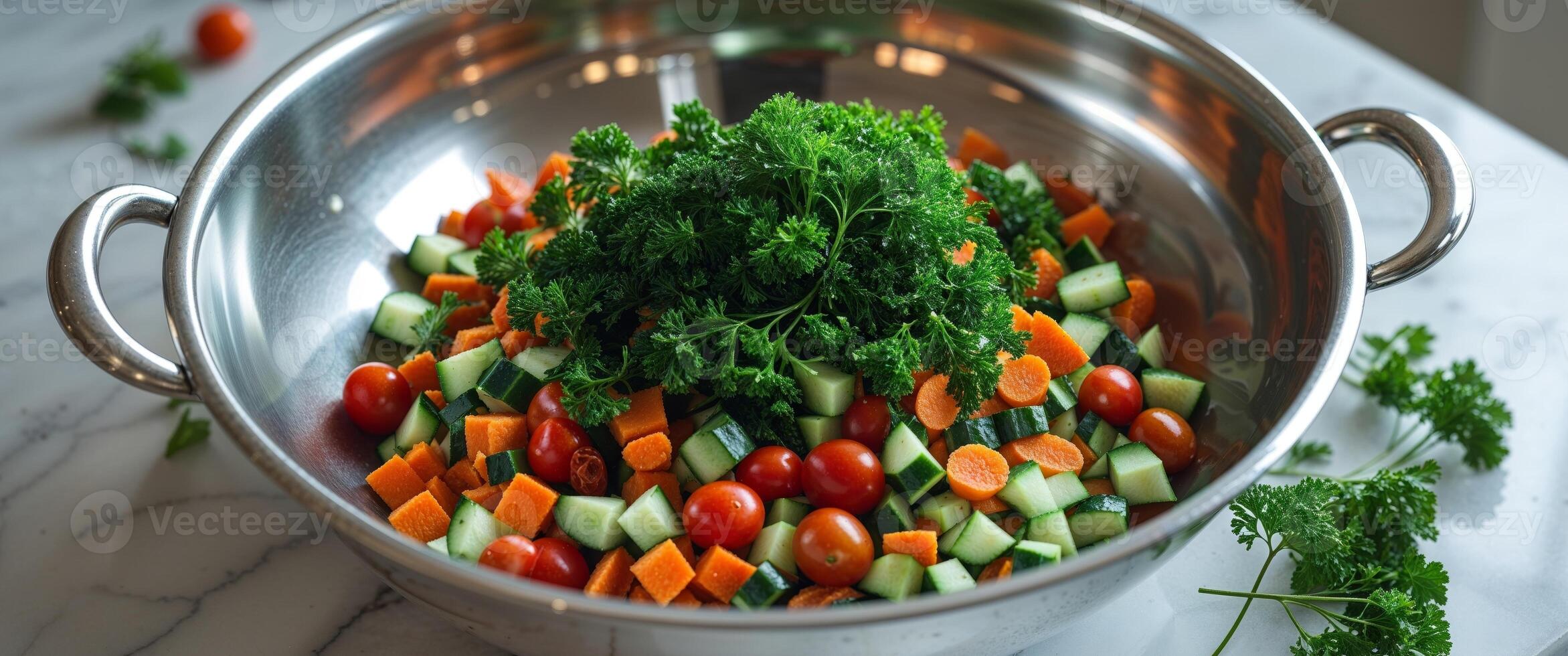 A bowl filled with vegetables and herbs photo