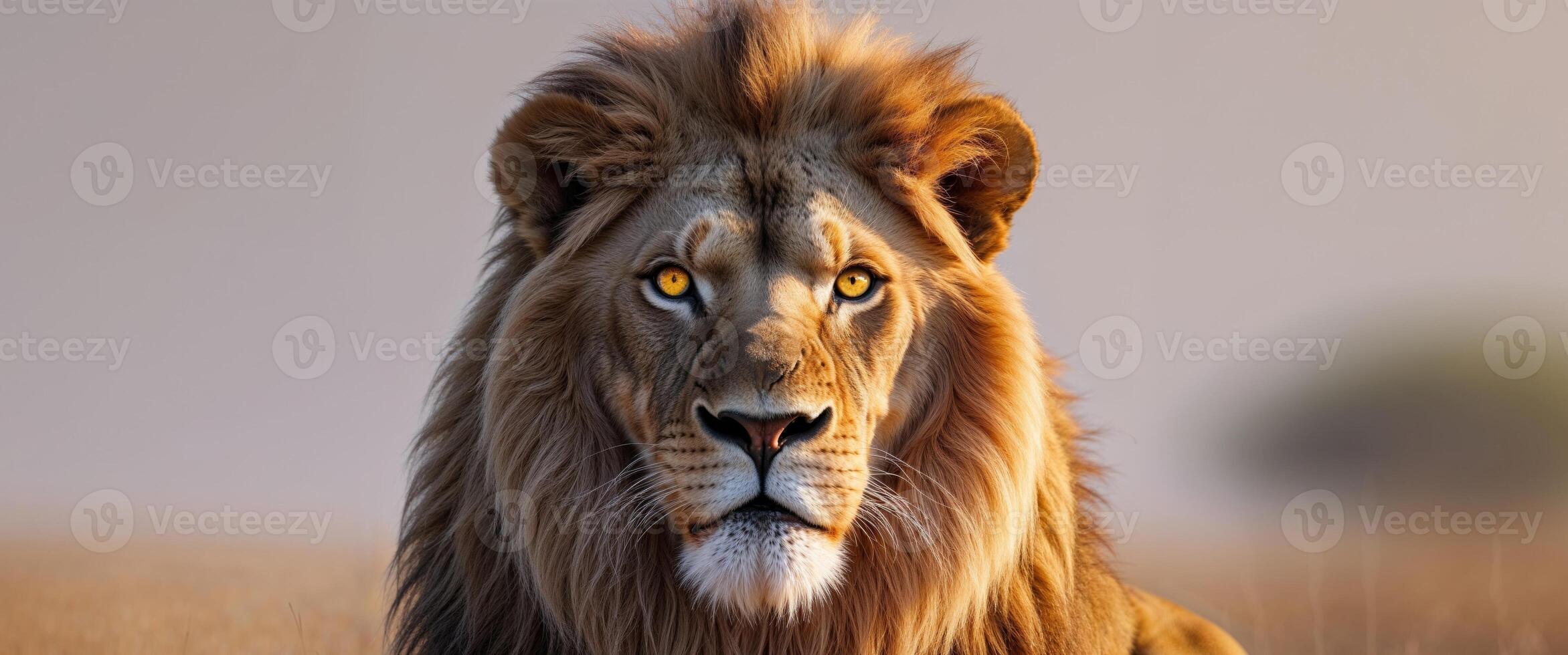 A lion is sitting in the middle of a field photo