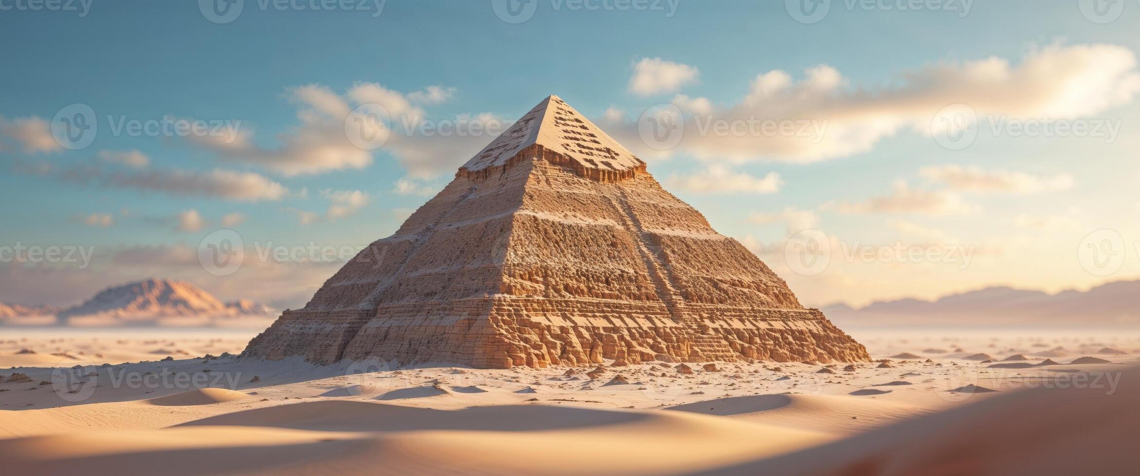 An ancient pyramid in the desert with clouds in the sky photo