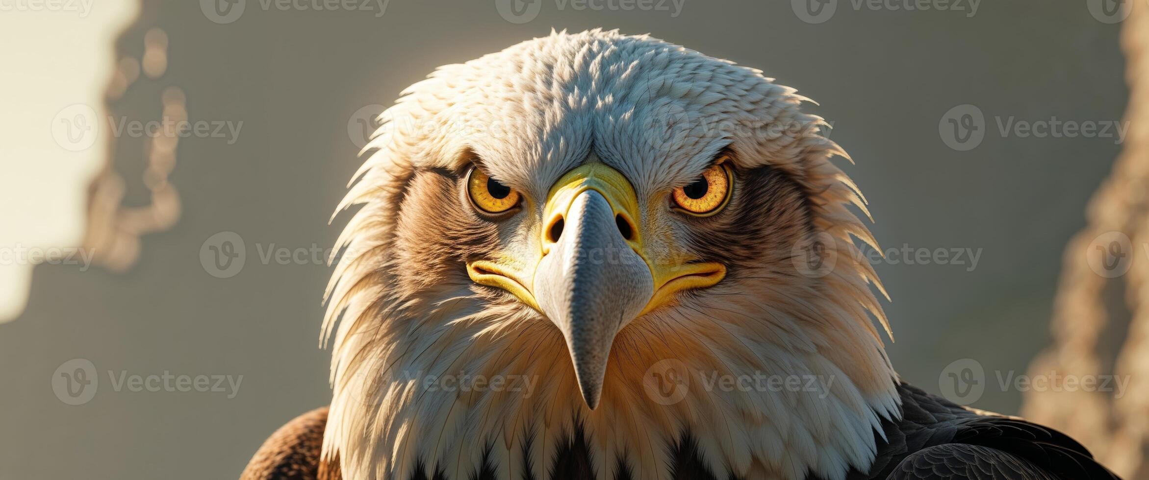 An eagle with a large head and yellow eyes photo