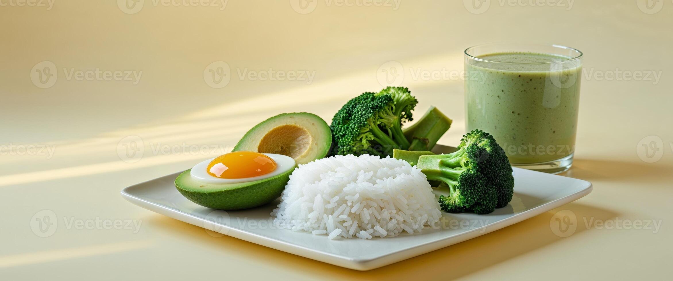 Healthy and colorful meal with egg avocado broccoli rice and smoothie Perfect for a nutritious breakfast or lunch. photo