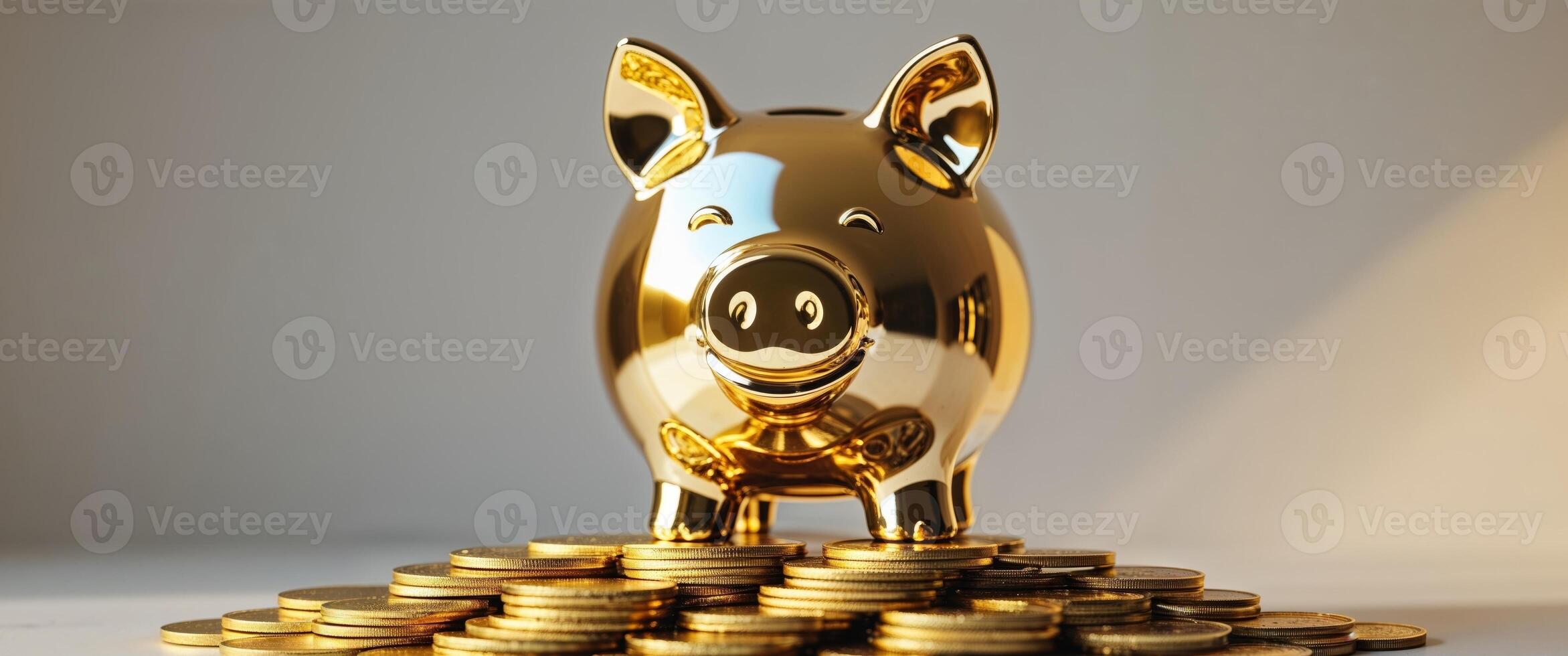 A Shiny Golden Piggy Bank Stands Prominently on a Stack of Gold Coins photo