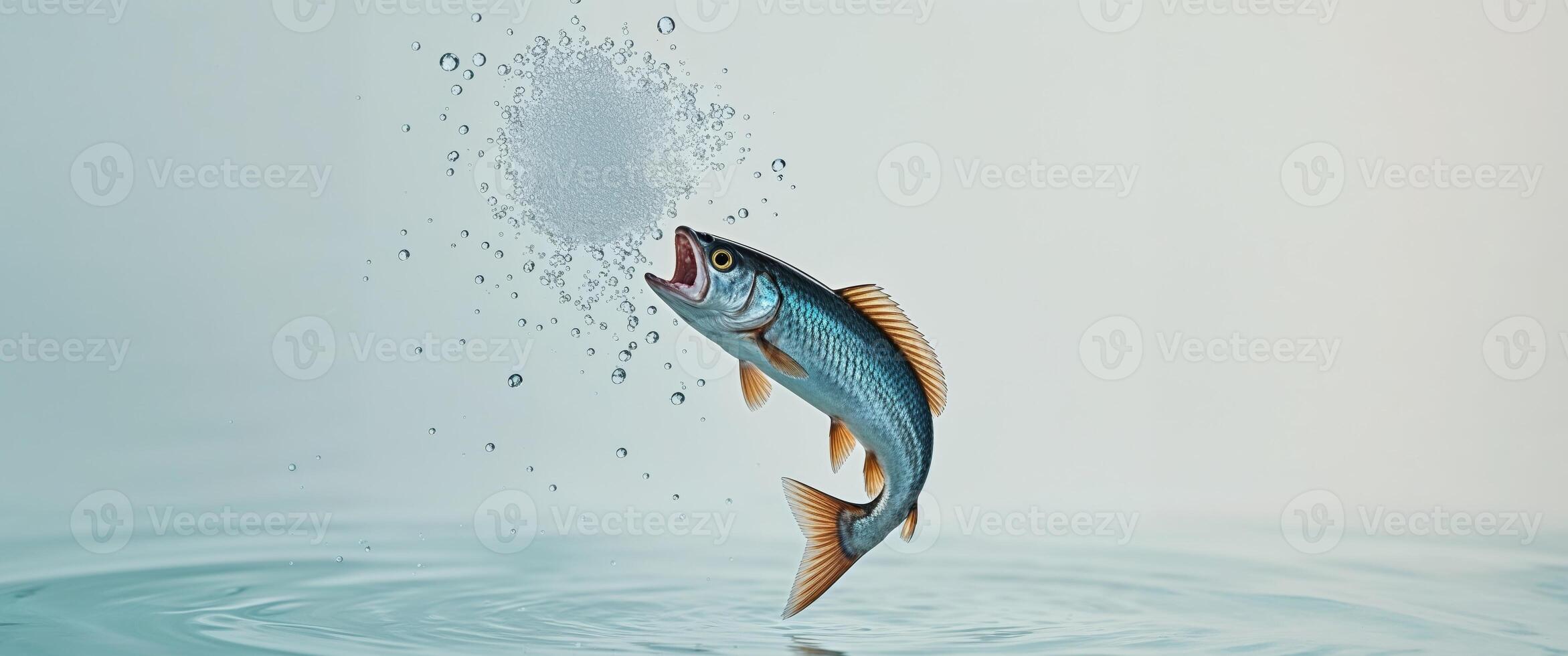 Jumping fish with open mouth in clear water with splashing droplets. photo