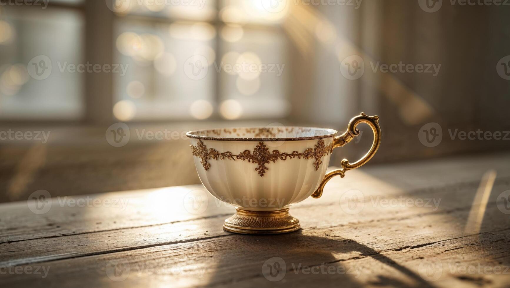 A gold cup sits on a wooden table in front of a window photo