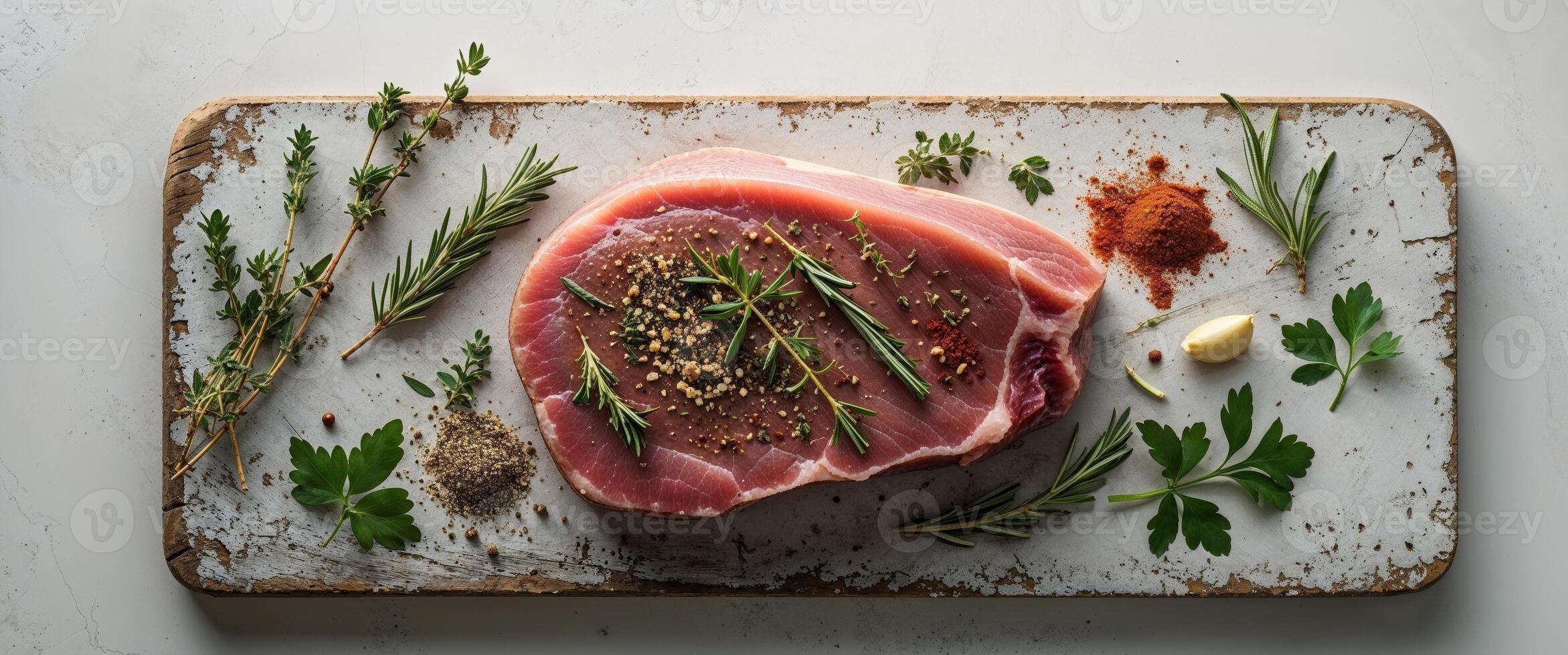 Overhead View of Raw Pork Steak with Herbs and Spices on Rustic photo
