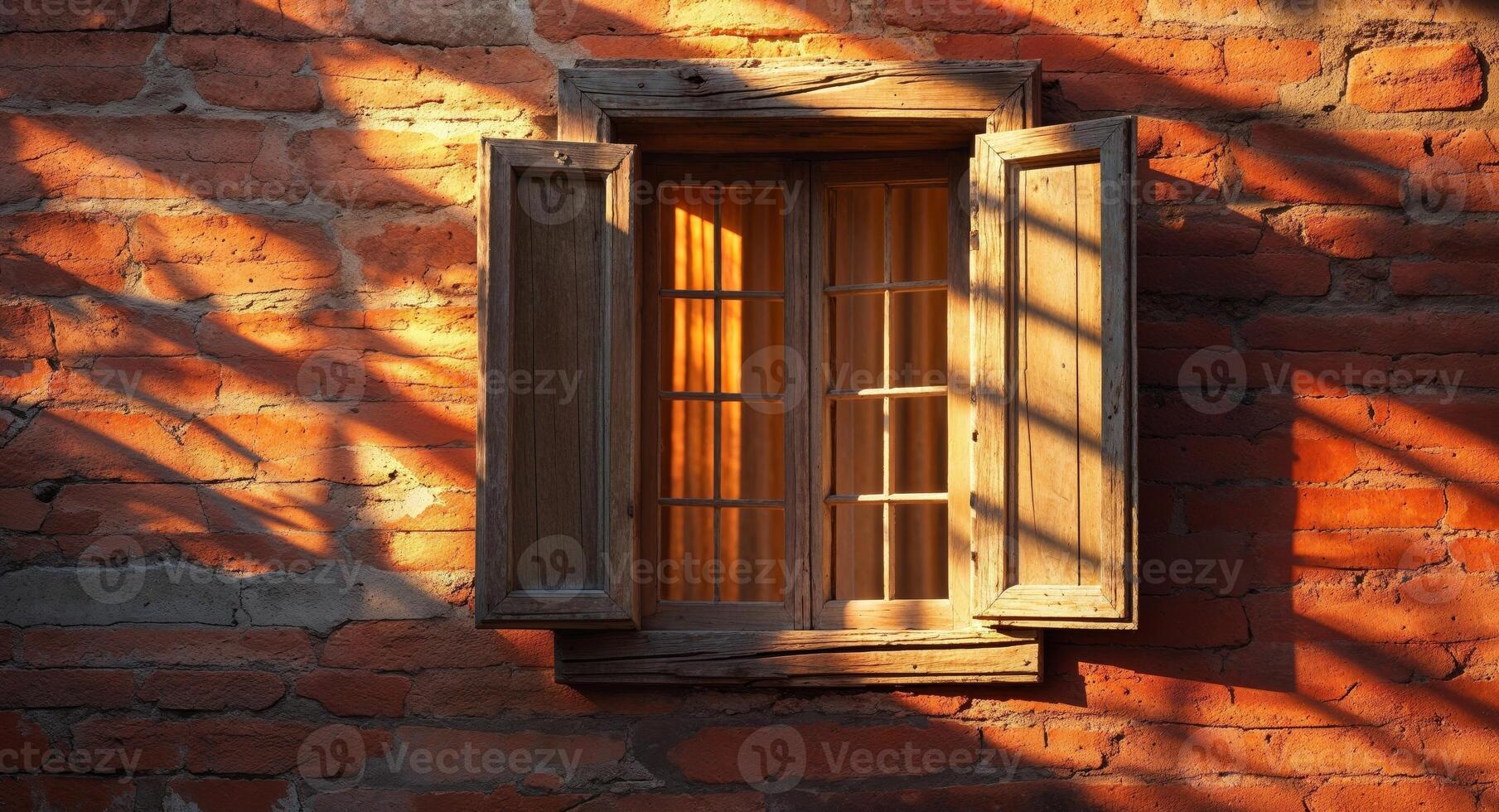 The sunlight casts shadows from a window onto a textured brick wall. photo