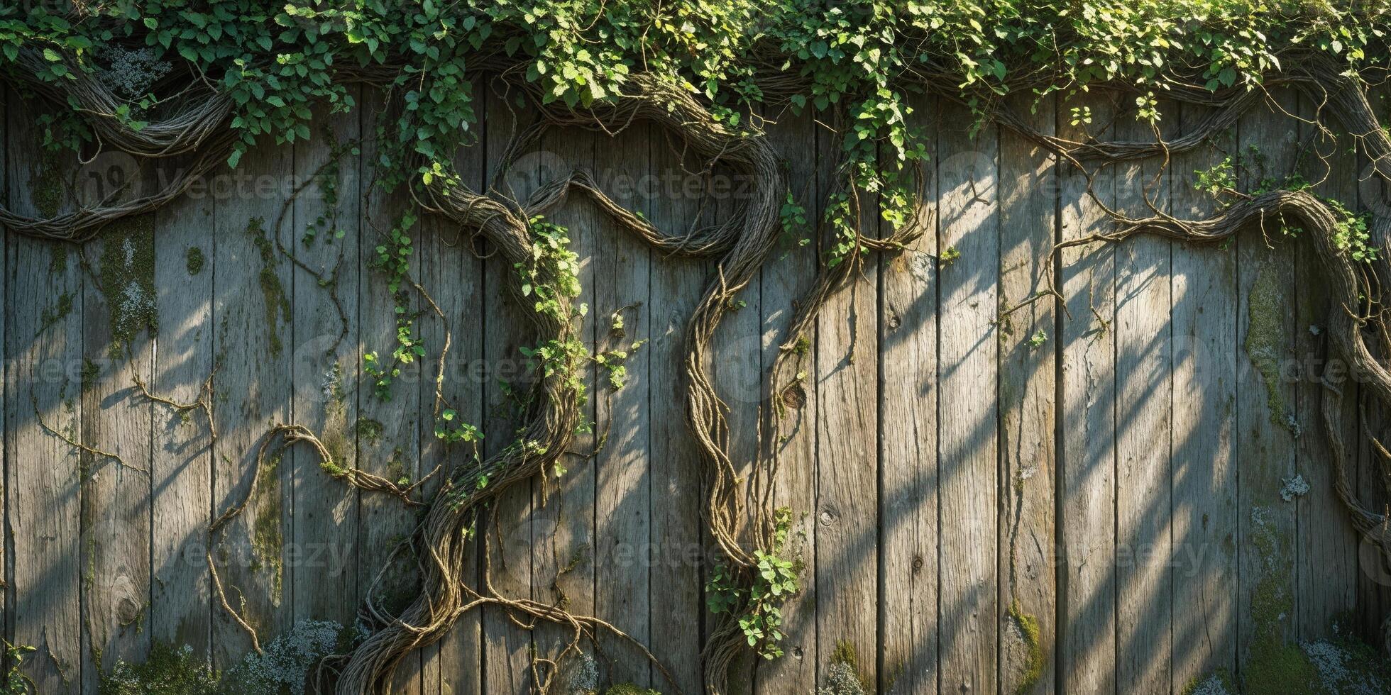 Beautiful wooden wall with vines and shadows creating textures. photo