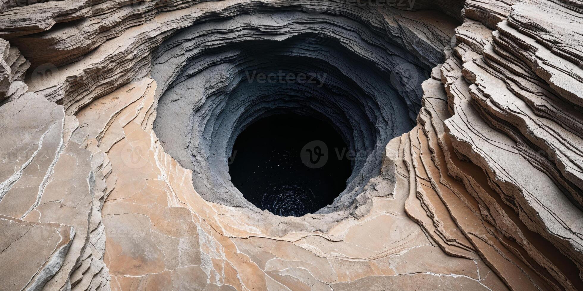 A dramatic textured hole descends into darkness with layered rock. photo