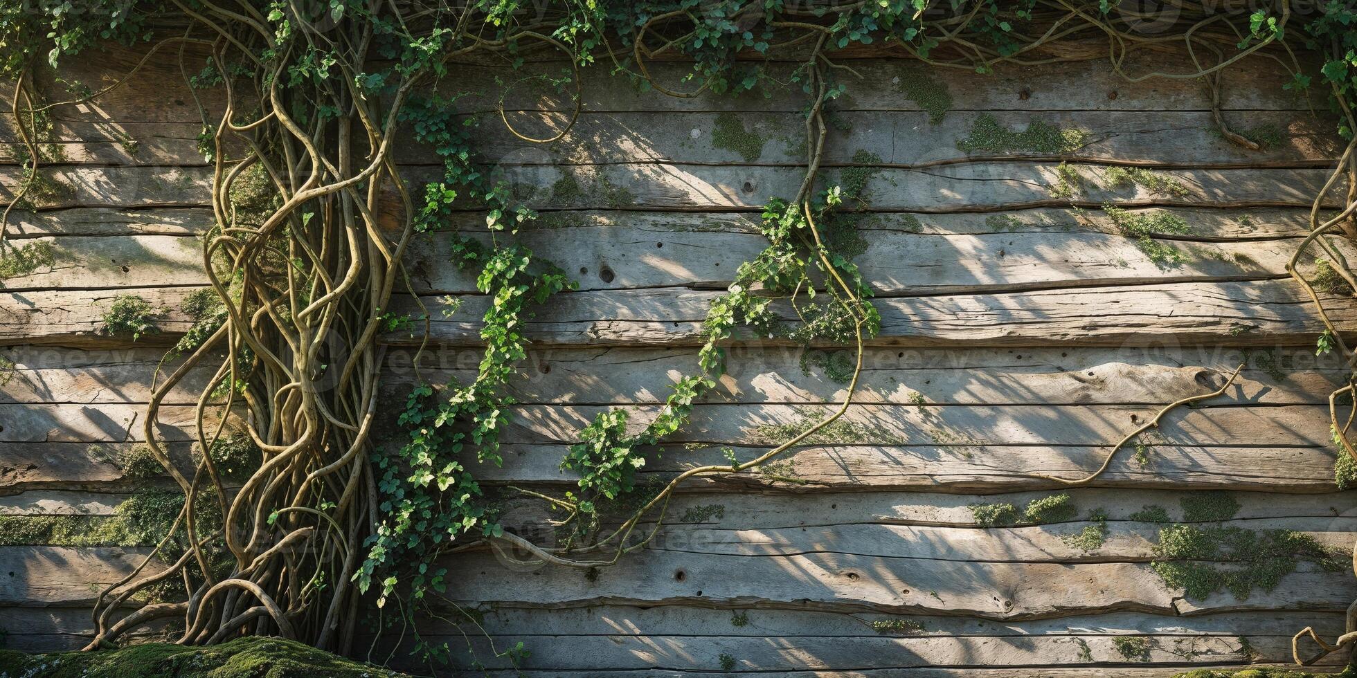 Beautiful wooden wall with vines and shadows creating textures photo
