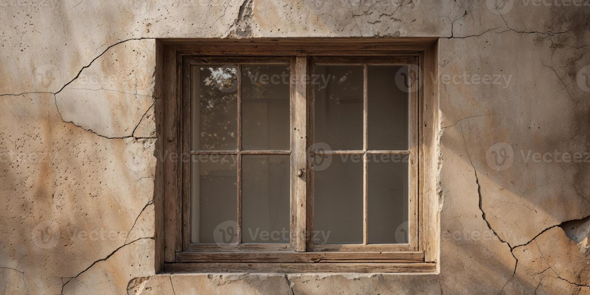 A rustic wooden window on a weathered wall photo