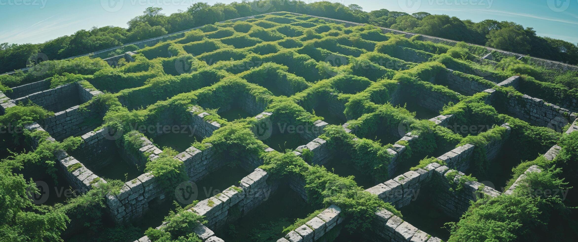 Aerial View of Ancient Stone Maze with Overgrown Vegetation. photo
